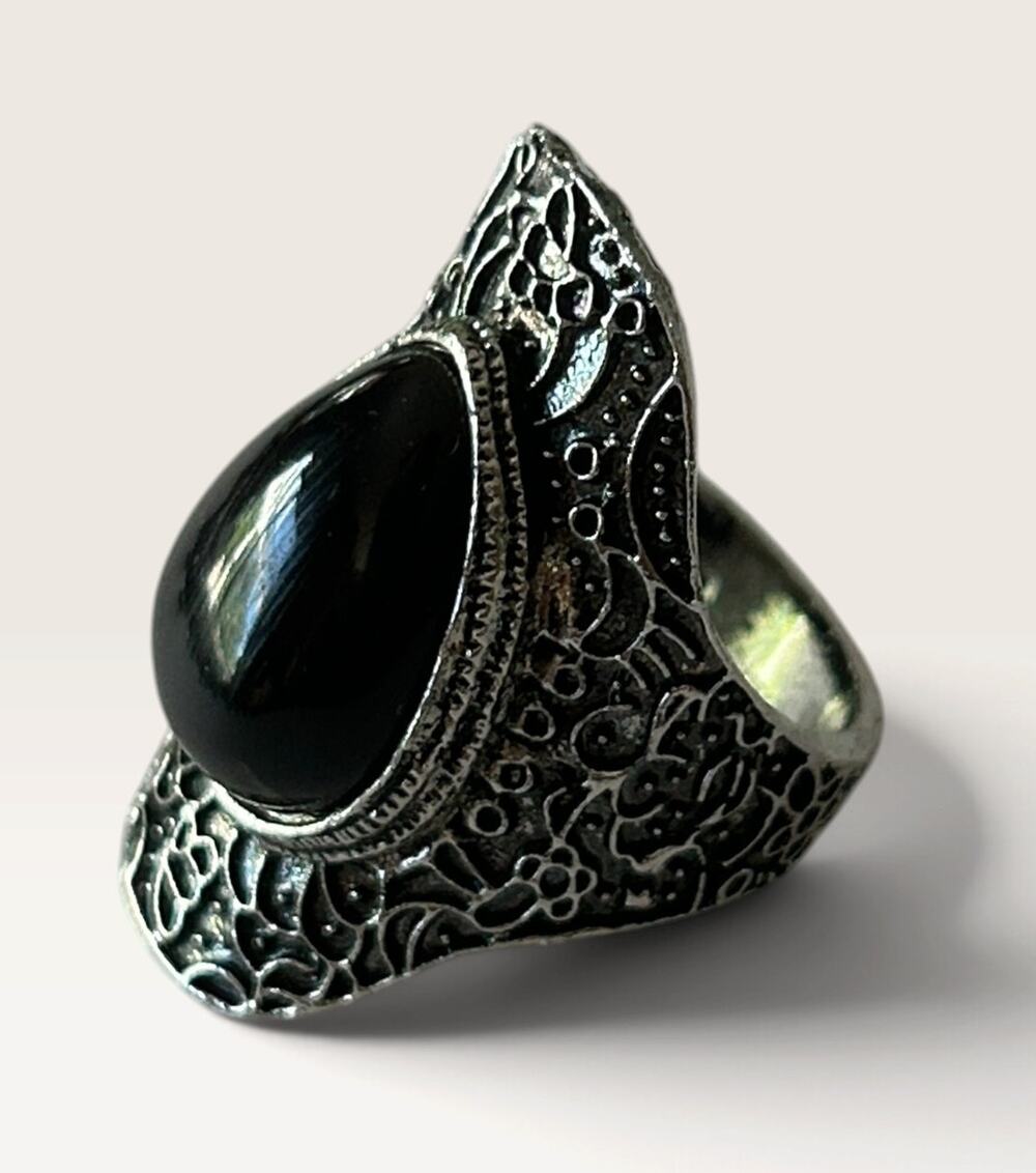 Silver and Black Shield Ring, Size 7.5, Gothic or Boho Style Jewelry